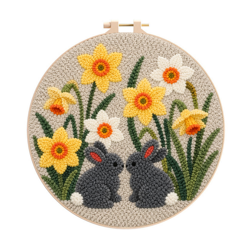 Narzisse und Hase Punch Needle Set – Florale Handstickerei im Stickrahmen | DIY-Kinderzimmerdeko - 8-Zoll-Reifenset - image 1