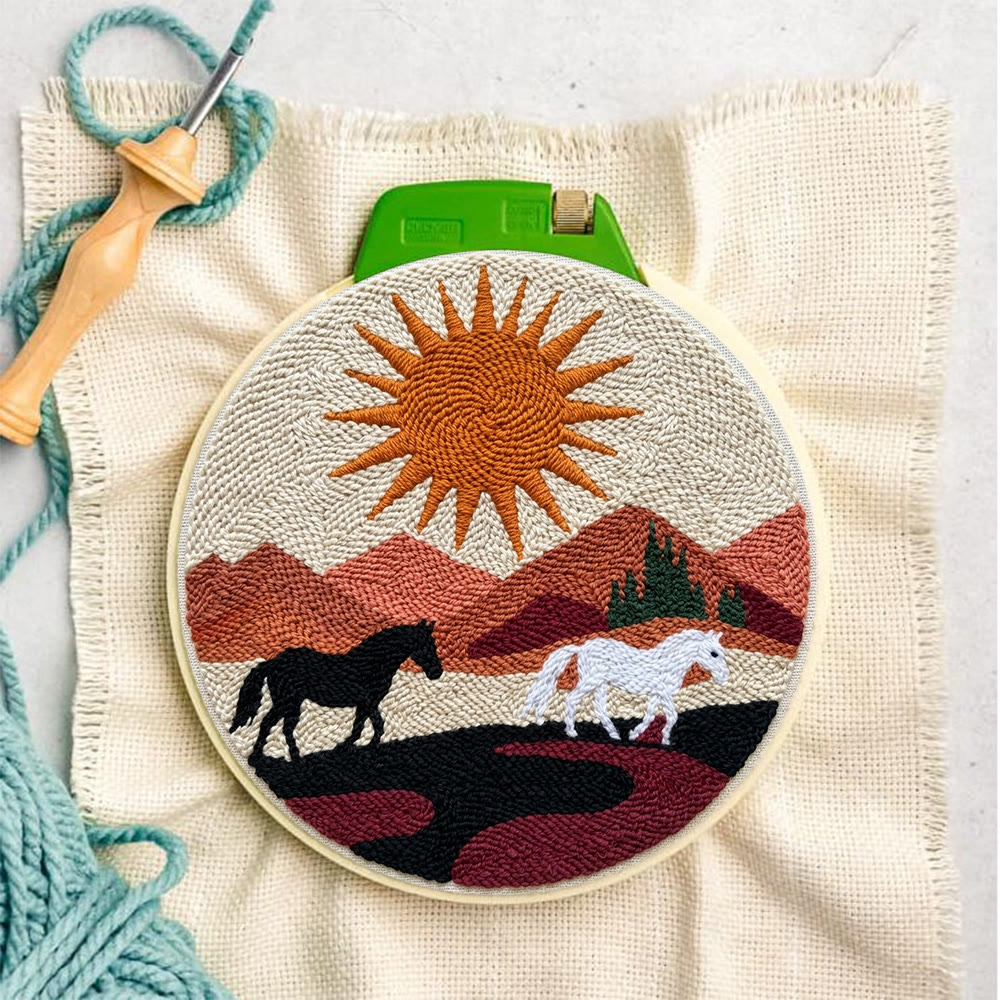 Boho-Pferde-Punch-Needle-Set – Handgefertigte moderne Faserkunst | Südwestliche Wüsten-Sonnenuntergangsdeko - image 3