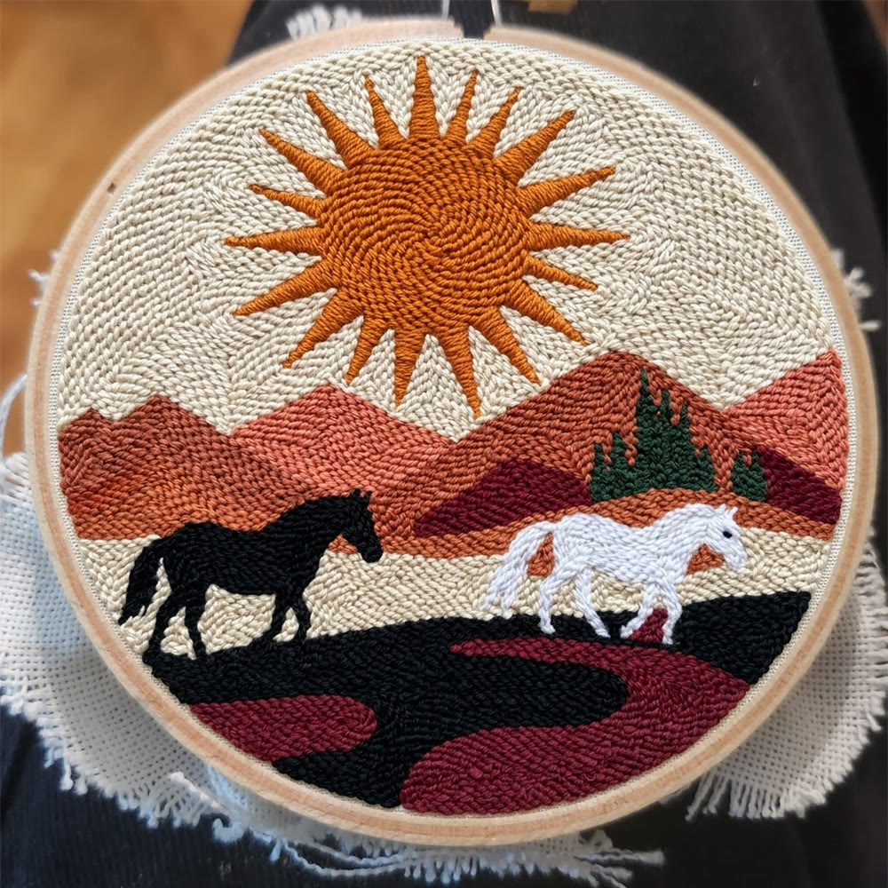 Boho-Pferde-Punch-Needle-Set – Handgefertigte moderne Faserkunst | Südwestliche Wüsten-Sonnenuntergangsdeko - image 2