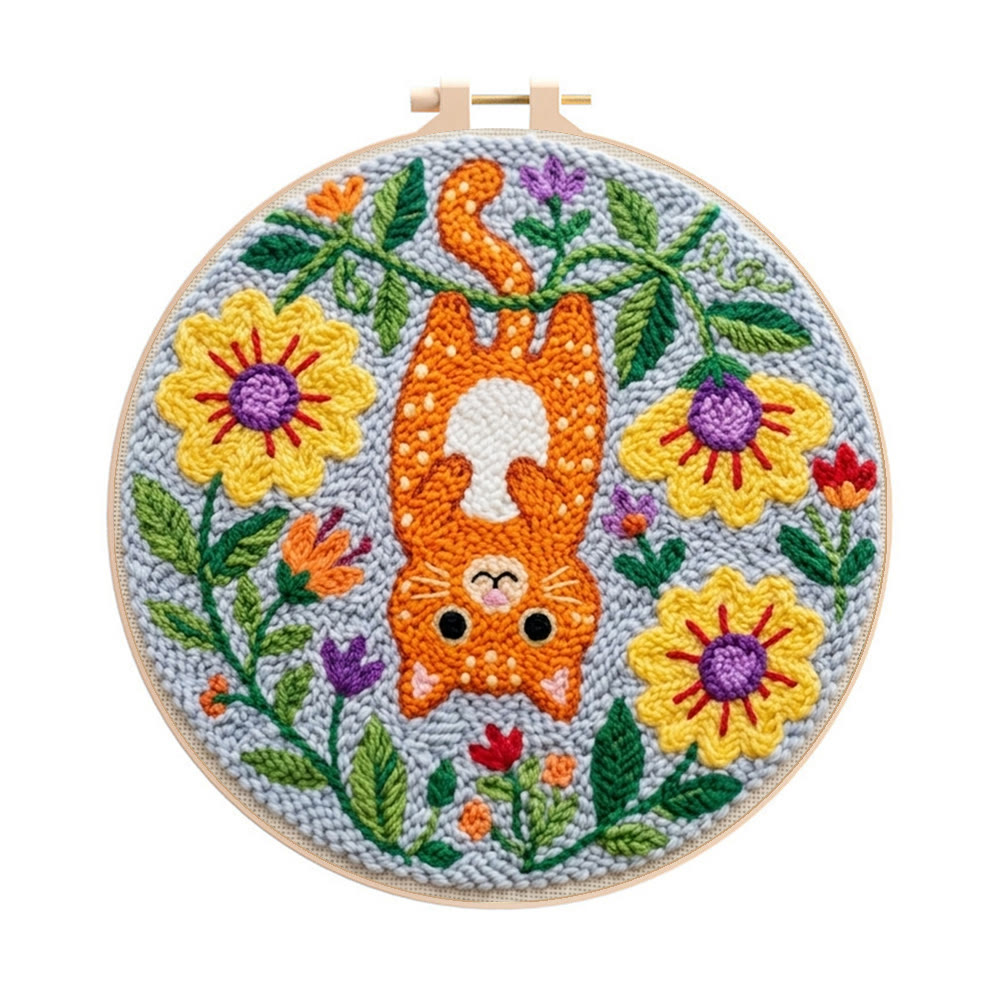 Naughty Cat Punch Needle Kit - Adorable Animal Art | Diy Wall Hanging  - 8 inch Hoop Kit - image 1