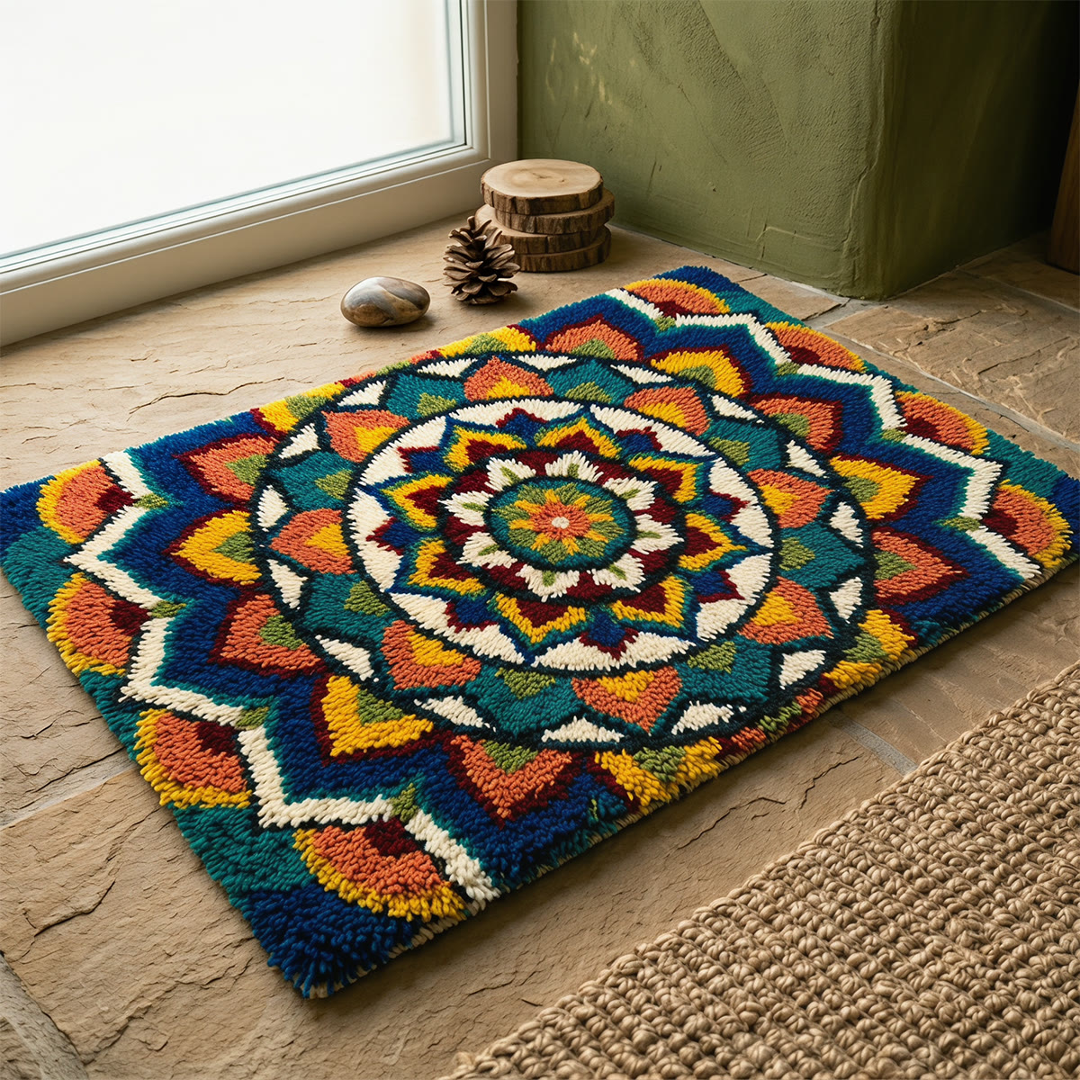 Rubbyoo Knüpfteppich-Set – Mandala-Muster | Handgefertigte Wohnzimmerdekoration | Teppich mit lebendigem Blumenmuster - image 2