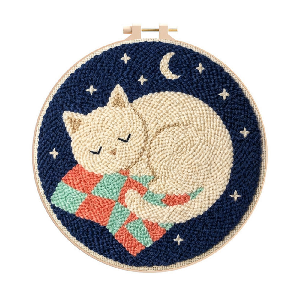 „Schlafende Katze“ Punch Needle Set – Alles in einem DIY-Bastelset | Hübsches Geschenk für Freunde - 8-Zoll-Reifenset - image 1