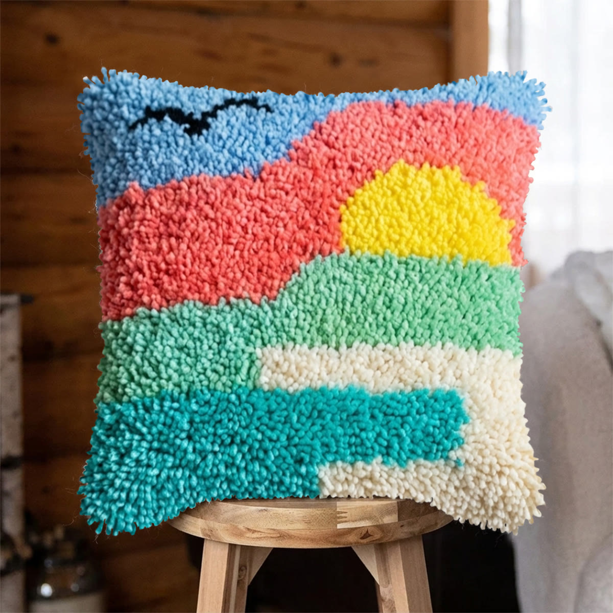 Rubbyoo Knüpfkissen-Set – Lebendiger Sonnenuntergang | Farbenfrohe Sofadekoration | Besonderes Geschenk für Bastler - 43 x 43 cm - image 1