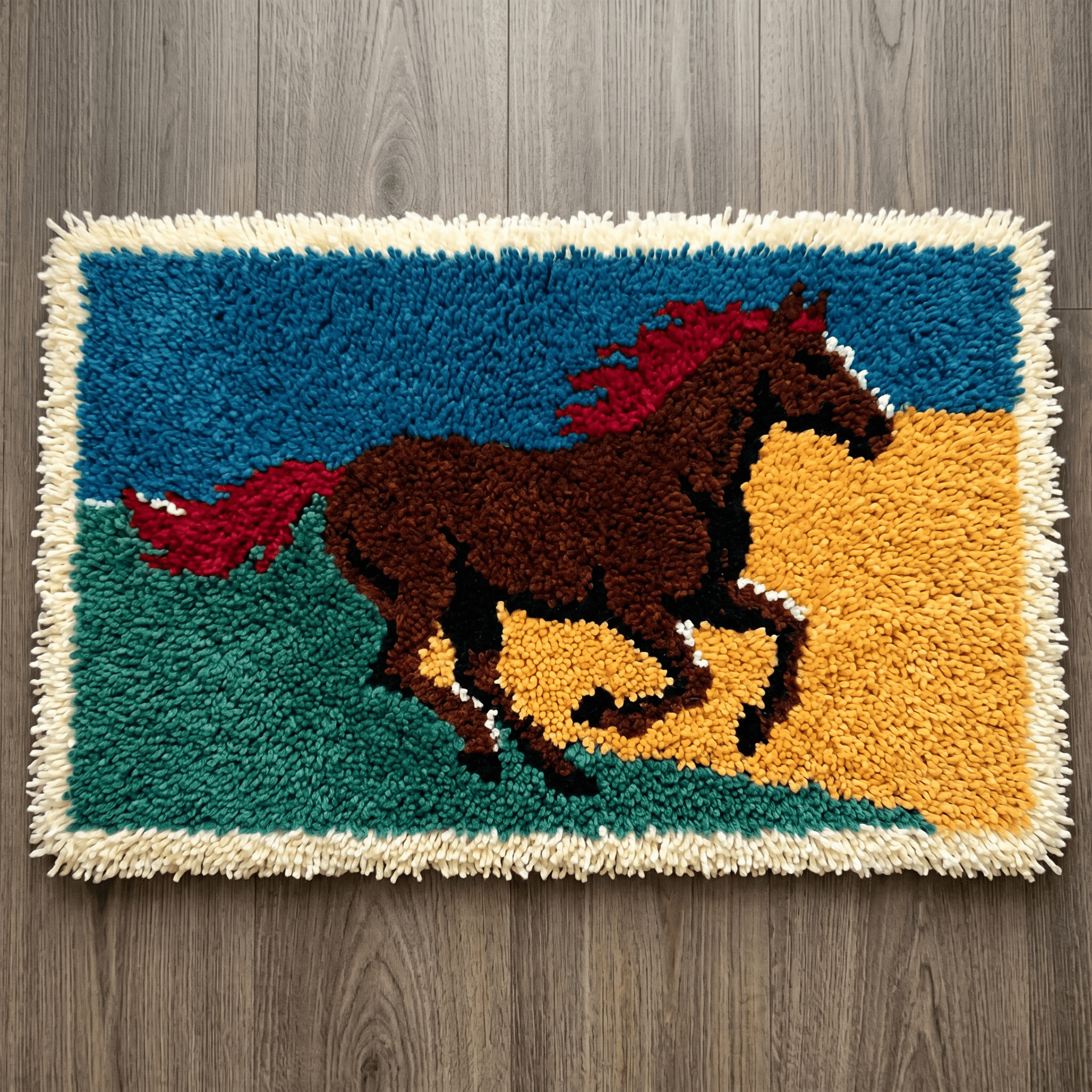 Rubbyoo Knüpfteppich-Set – Pferd mit roter Mähne | Geschenk zur Babyparty | Jungenzimmerteppich - 75 × 50 cm - image 1