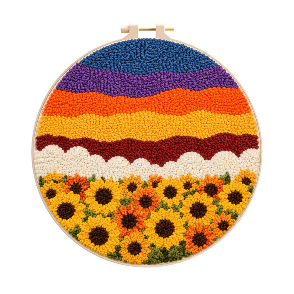 Sonnenblumenfeld im Sonnenuntergang – Punch-Needle-Set – Warme, florale Farben | Gemütliche Dekoration - 8-Zoll-Reifen-Set - image 1