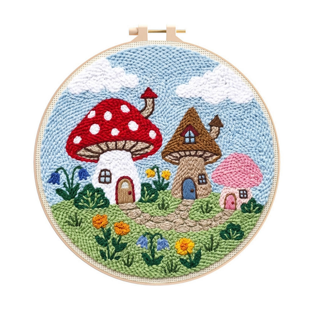 Punch-Needle-Set „Pilzhaus-Paradies“ – Märchenhaftes Muster | Perfektes Nähset als Geschenk für Sie - 8-Zoll-Reifenset - image 1