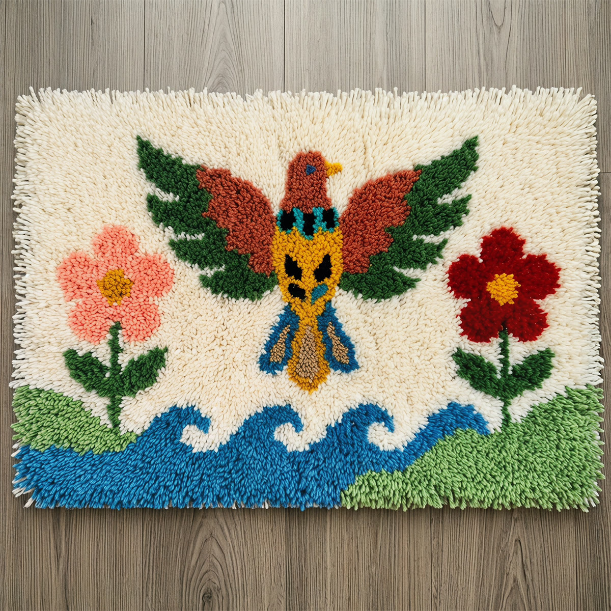 Rubbyoo Knüpfteppich-Set – Fliegender Vogel | Kreative Wanddekoration aus Garn | Handgefertigte Matte fürs Schlafzimmer - 75 × 50 cm - image 1