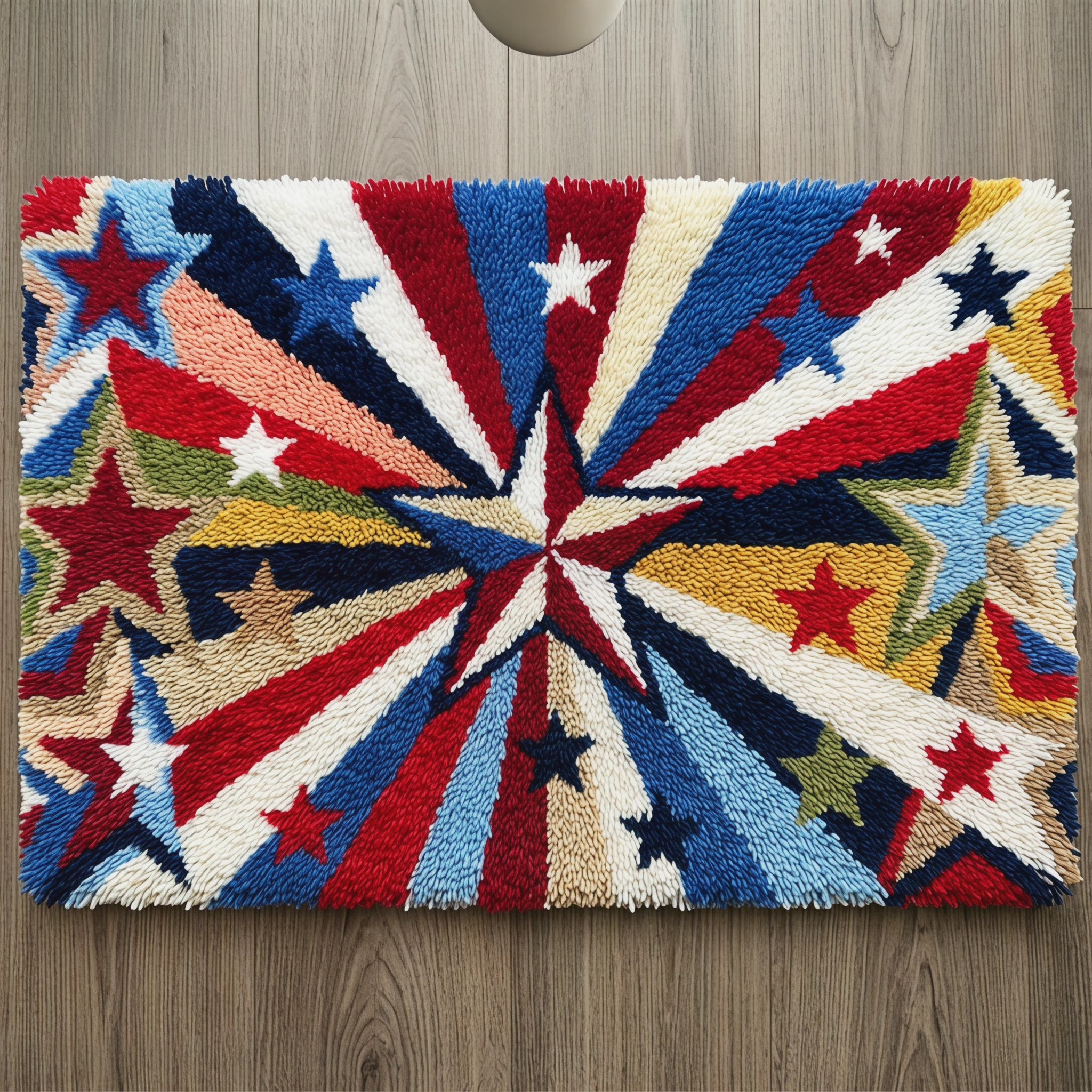Rubbyoo Knüpfteppich-Set – Rot-Weiß-Blaues Sternenmuster | Geschenk zum 4. Juli | Retro-Teppich im patriotischen Stil für die Wohnzimmerdekoration - 75 × 50 cm - image 1