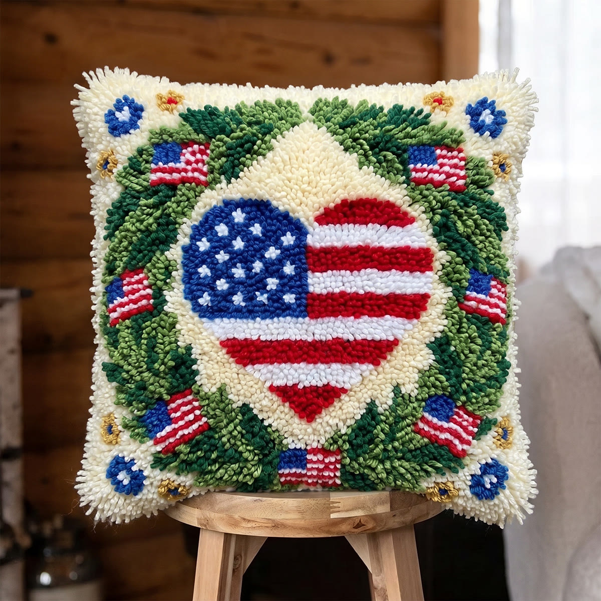 Rubbyoo Knüpfkissen-Set – Herzförmige US-Flagge | Erinnerungsgeschenk (1776–2026) | Patriotische Dekoration für Zuhause - 43 x 43 cm - image 1