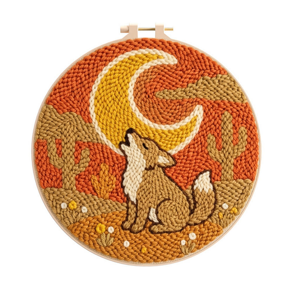 Heulender Wolf unter dem Mond – Punch-Needle-Set – Boho-Stil Nähprojekt | Anfängerfreundliche Tierstickerei - 8-Zoll-Reifenset - image 1