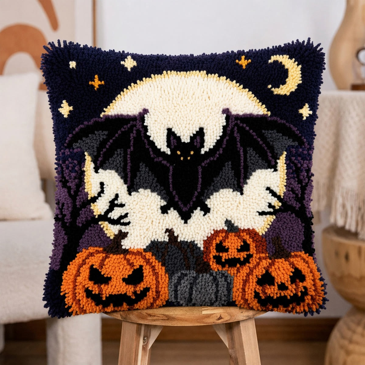 Rubbyoo Knüpfkissen-Set – Fledermäuse im Vollmondlicht | Verspielter Halloween-Anhänger | Perfektes Einzugsgeschenk - image 3