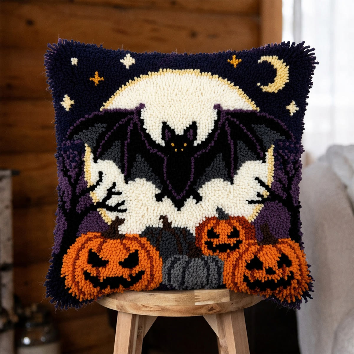 Rubbyoo Knüpfkissen-Set – Fledermäuse im Vollmondlicht | Verspielter Halloween-Anhänger | Perfektes Einzugsgeschenk - 43 x 43 cm - image 1
