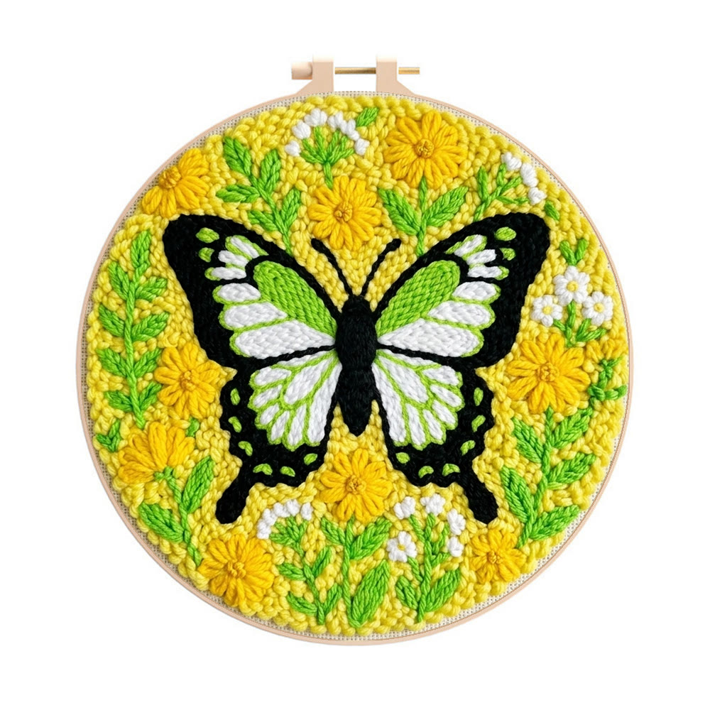 Lebendiges Frühlings-Punch-Needle-Set – Ästhetisches Schmetterlings- und Gänseblümchenmotiv | Nützliches, handgemachtes Einzugsgeschenk - 8-Zoll-Reifenset - image 1