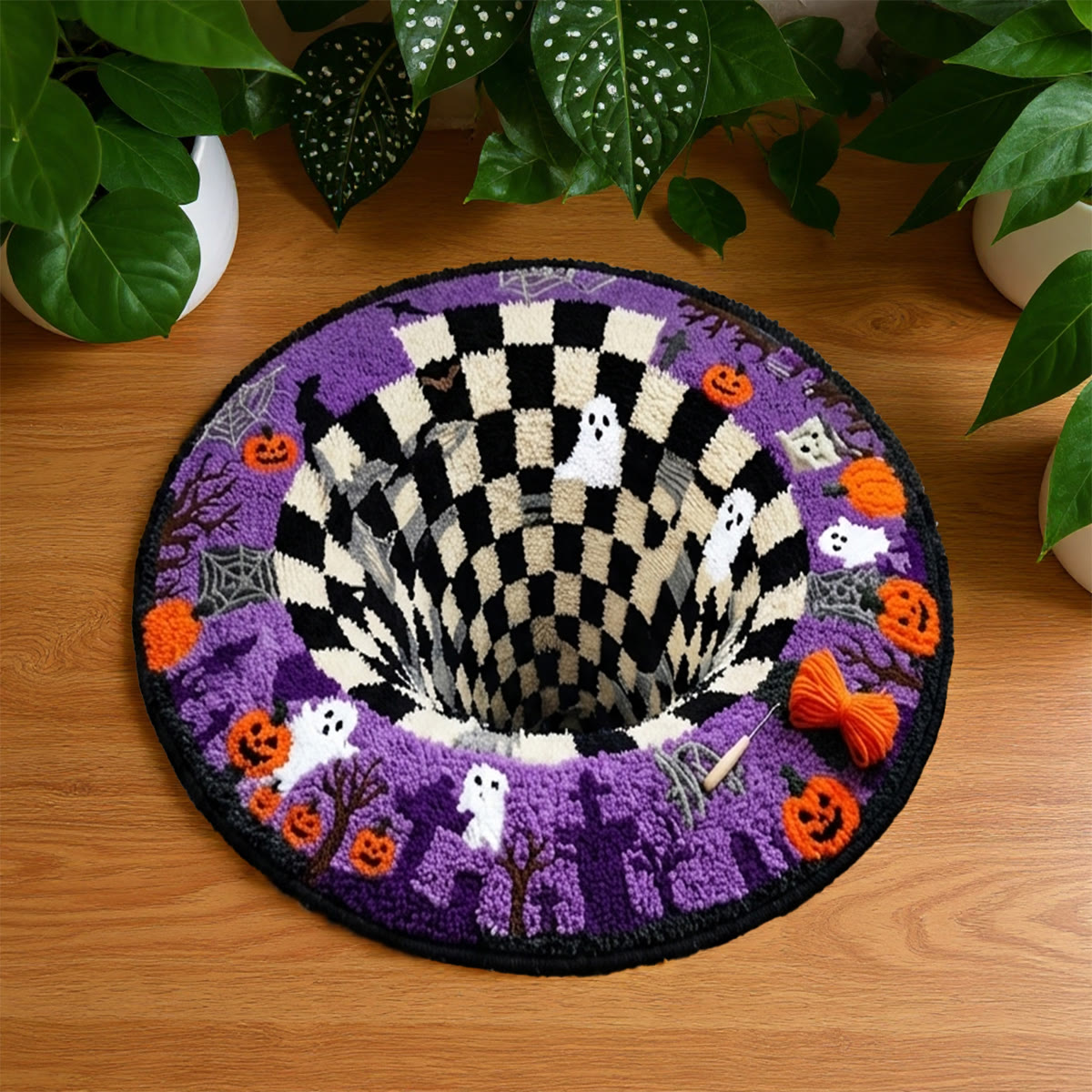 Rubbyoo Knüpfteppich-Set – Halloween Schwarzes Loch | Dekorativer Teppich mit optischer Täuschung | Gruseliger Treppeneckenteppich - 48×48cm - image 1