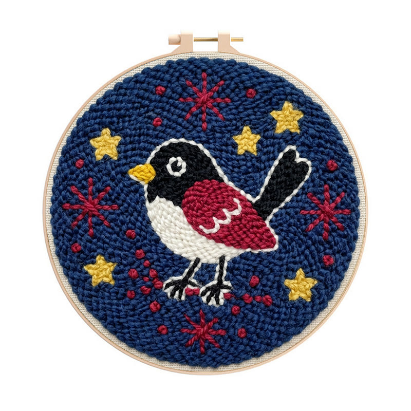 Sternennacht-Rotkehlchen-Punch-Needle-Set – Anfängerfreundliches DIY-Bastelset | Wunderschöne Stickrahmen-Kunst mit Vogelmotiv - 8-Zoll-Reifenset - image 1