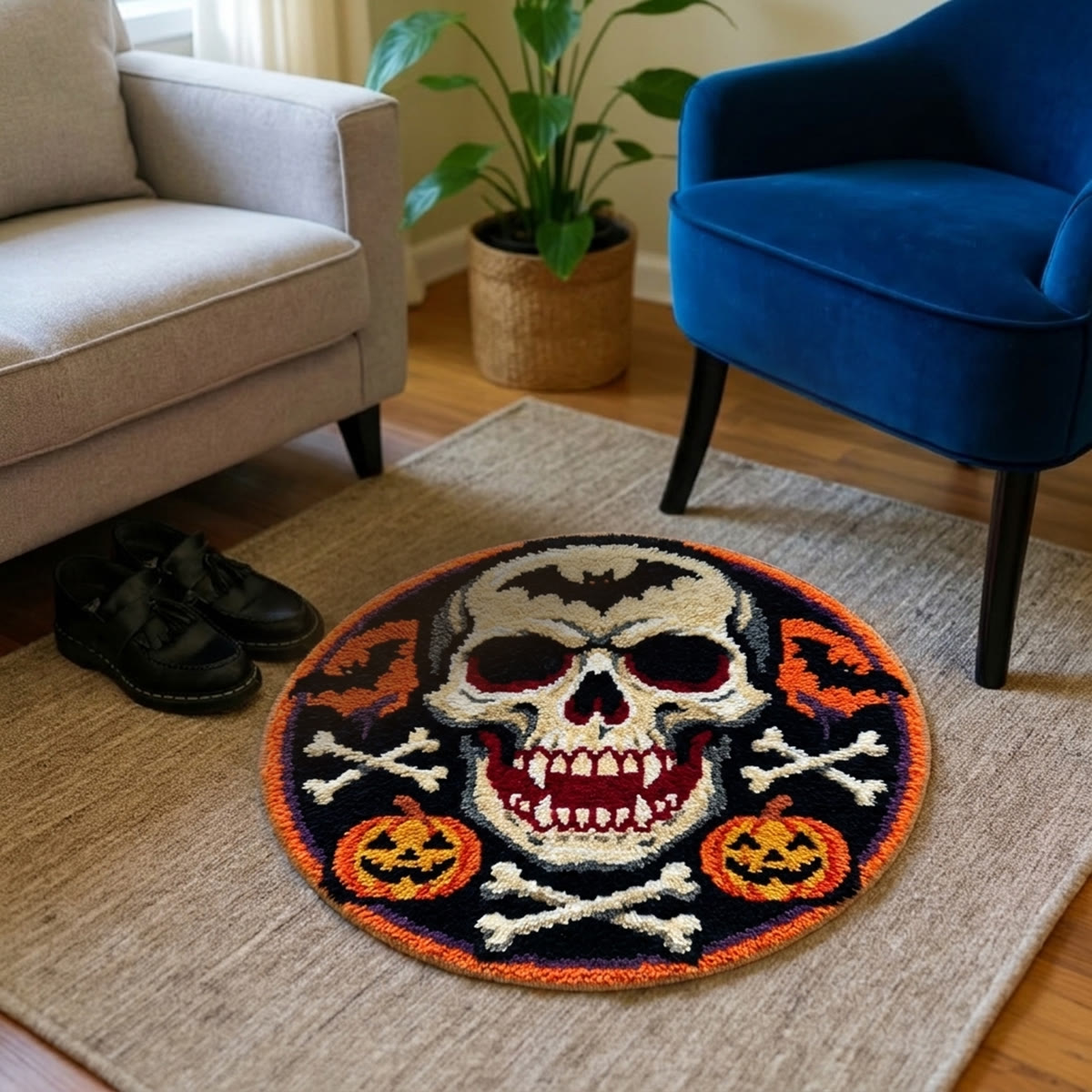 Rubbyoo Knüpfteppich-Set – Böser Totenkopf | Gruselige Halloween-Dekoration | Festliche DIY-Fußmatte - image 3