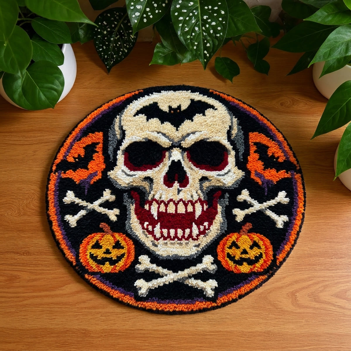 Rubbyoo Knüpfteppich-Set – Böser Totenkopf | Gruselige Halloween-Dekoration | Festliche DIY-Fußmatte - 48×48cm - image 1