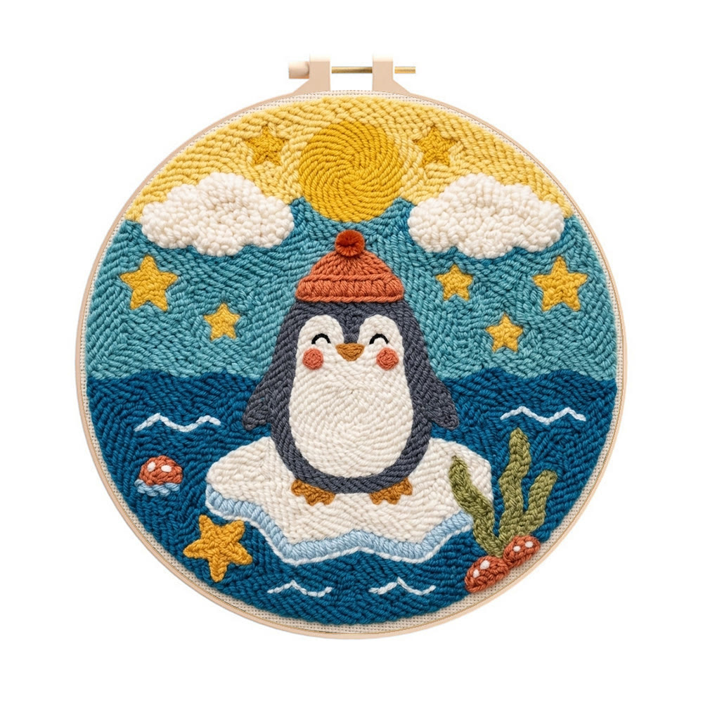 Pinguin auf dem Eis – Punch-Needle-Set – Nähset für Einsteiger für Kinder | Niedliches Pinguin- und Inselmuster - 8-Zoll-Reifenset - image 1
