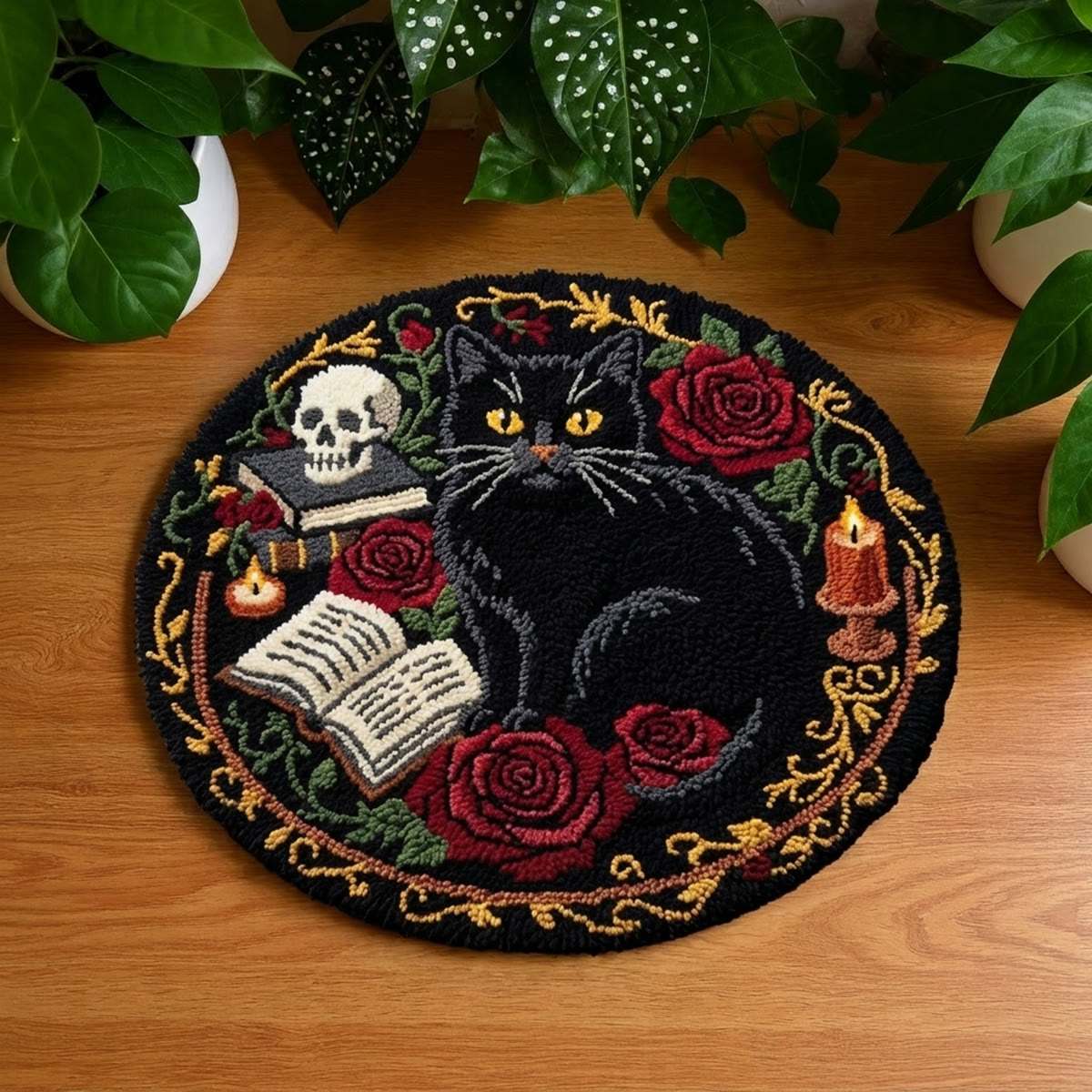 Rubbyoo Knüpfteppich-Set – Hexenhafte schwarze Katze | Gothic-Halloween-Dekoration | Einzigartige Geschenkidee - 48×48cm - image 1