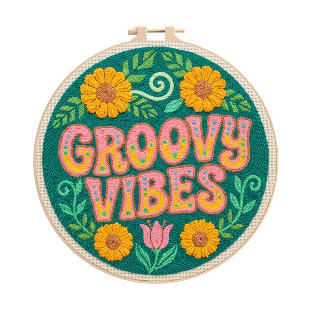 Groovy Vibes Punch Needle Set – Stilvolles florales Wandornament | Rustikale, farbenfrohe Handarbeit - 8-Zoll-Reifenset - image 1