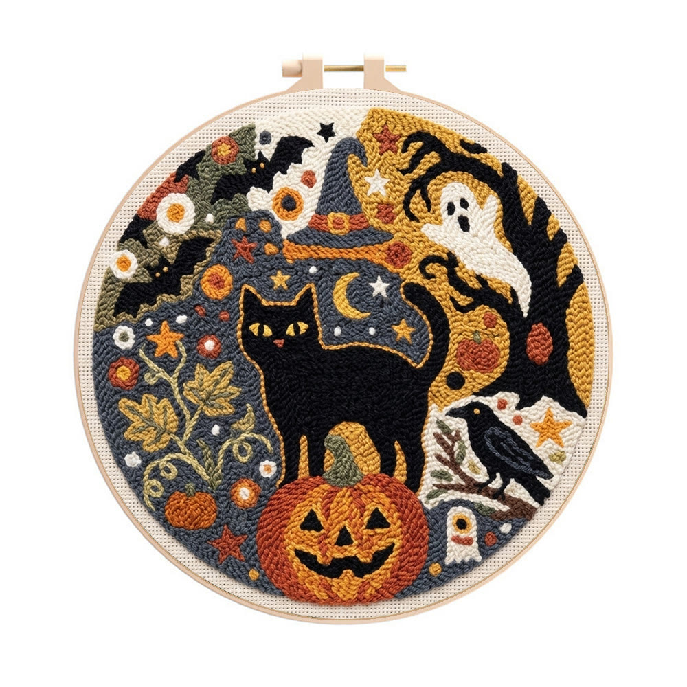 Punch-Needle-Set „Geisterwelt“ – Handgemachte Halloween-Geschenkidee | Motiv: Gotischer Geist, Fledermäuse & Schwarze Katze - 8-Zoll-Reifenset - image 1