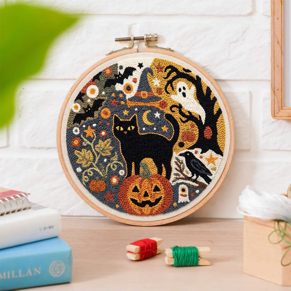 Punch-Needle-Set „Geisterwelt“ – Handgemachte Halloween-Geschenkidee | Motiv: Gotischer Geist, Fledermäuse & Schwarze Katze - image 8
