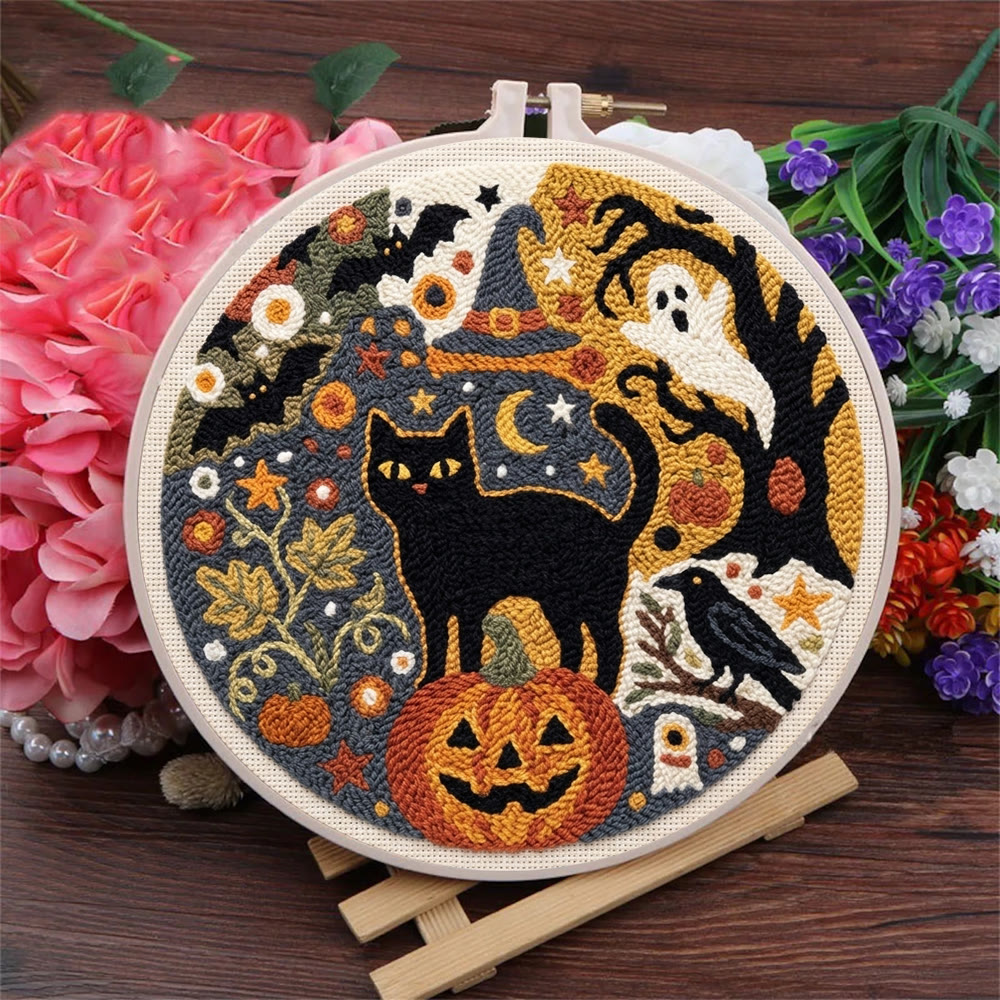 Punch-Needle-Set „Geisterwelt“ – Handgemachte Halloween-Geschenkidee | Motiv: Gotischer Geist, Fledermäuse & Schwarze Katze - image 3