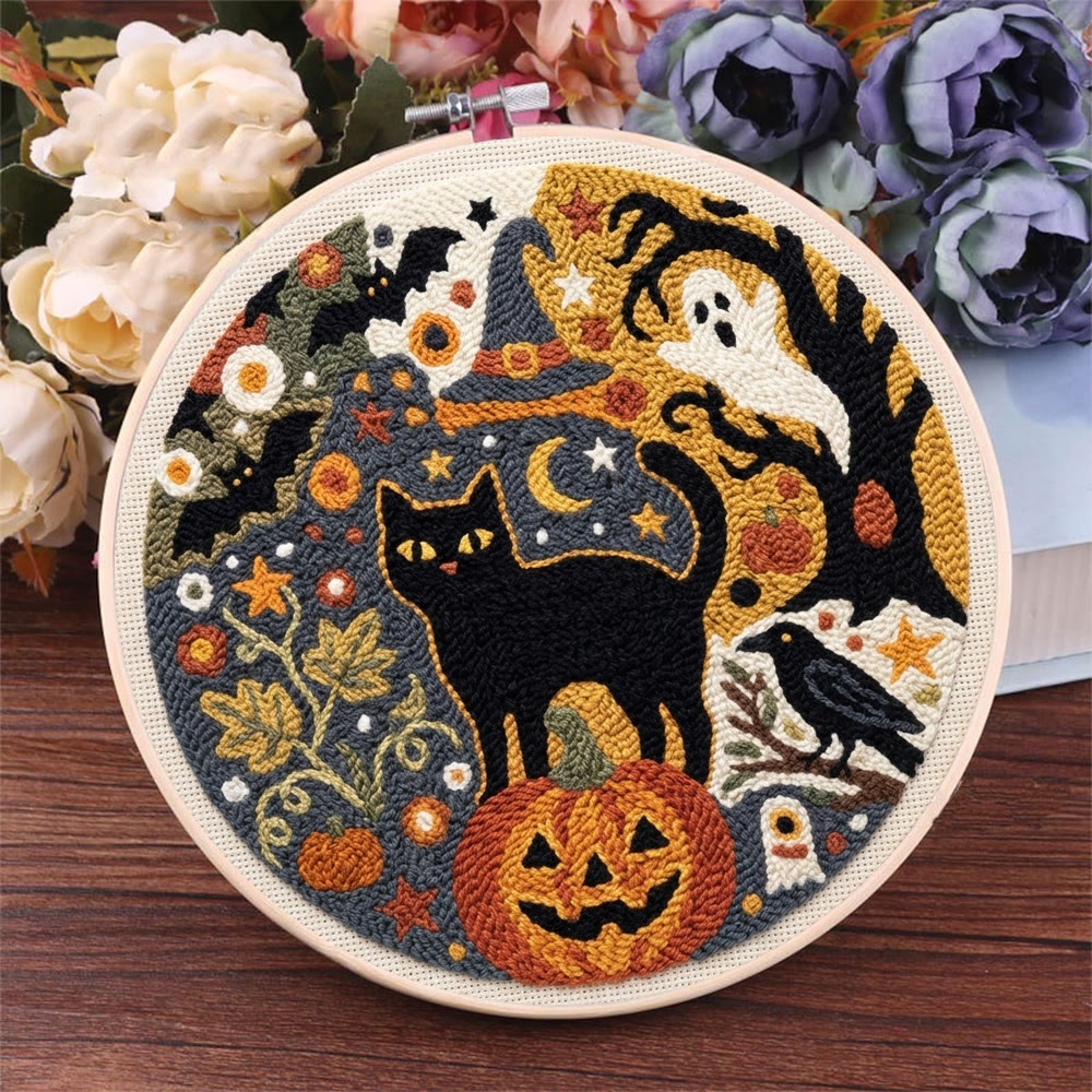 Punch-Needle-Set „Geisterwelt“ – Handgemachte Halloween-Geschenkidee | Motiv: Gotischer Geist, Fledermäuse & Schwarze Katze - image 2