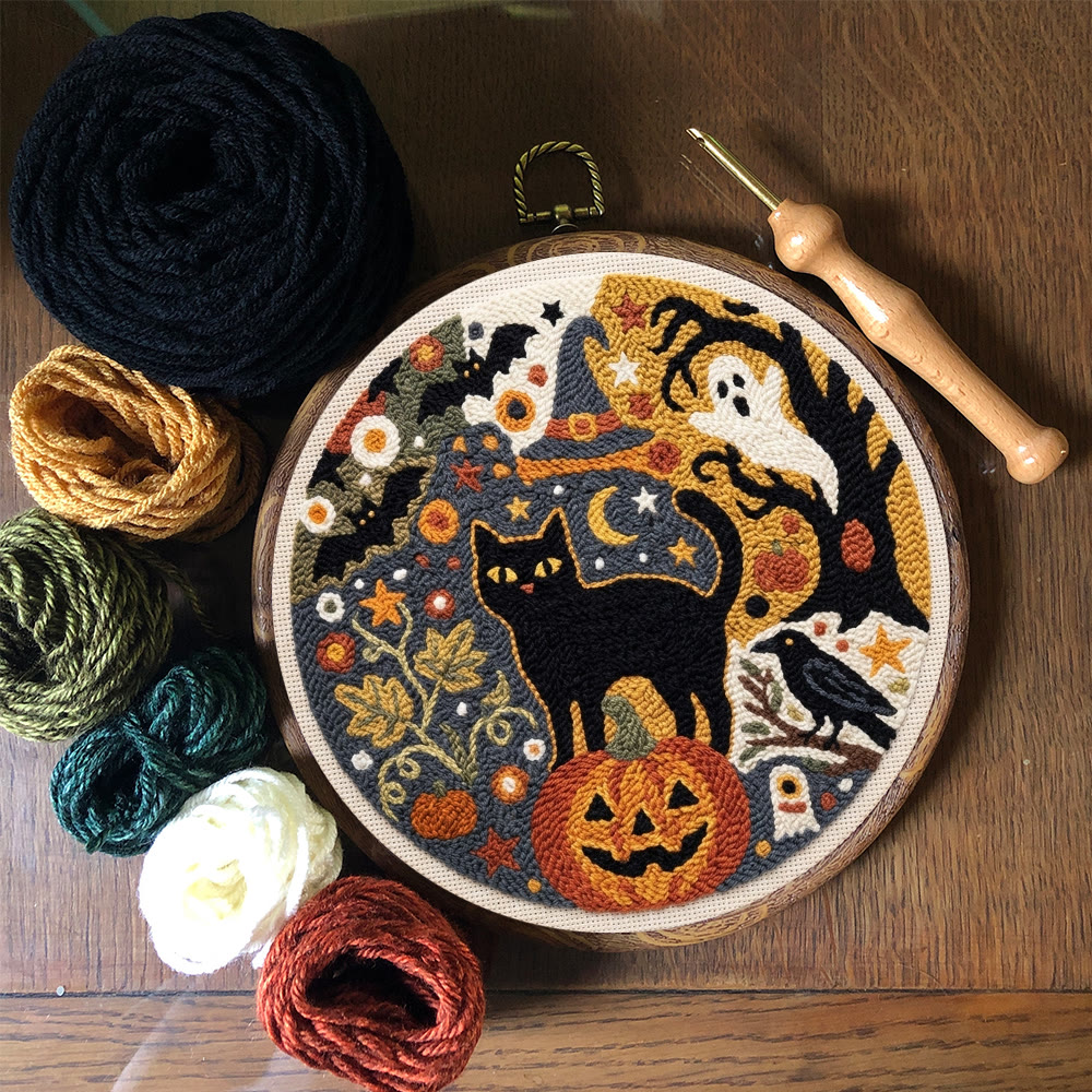 Punch-Needle-Set „Geisterwelt“ – Handgemachte Halloween-Geschenkidee | Motiv: Gotischer Geist, Fledermäuse & Schwarze Katze - image 6