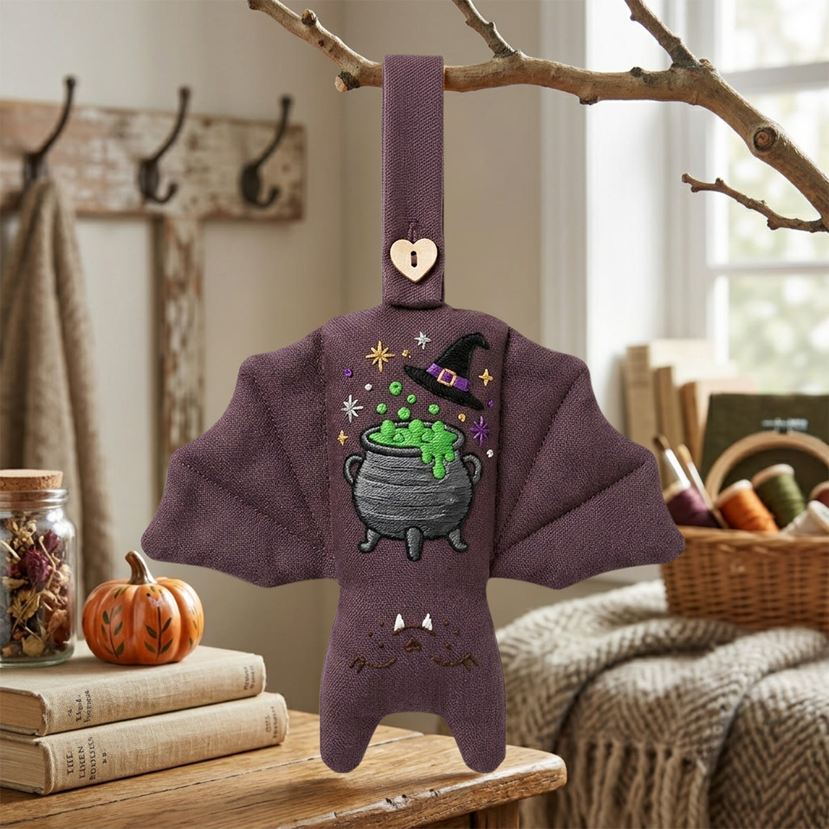 Rubbyoo Fledermaus-Stickset – Hexenkessel | Zaubertrank-Stickrahmen | Gruselige Halloween-Regaldekoration - 6-Zoll-Reifen-Set - image 1