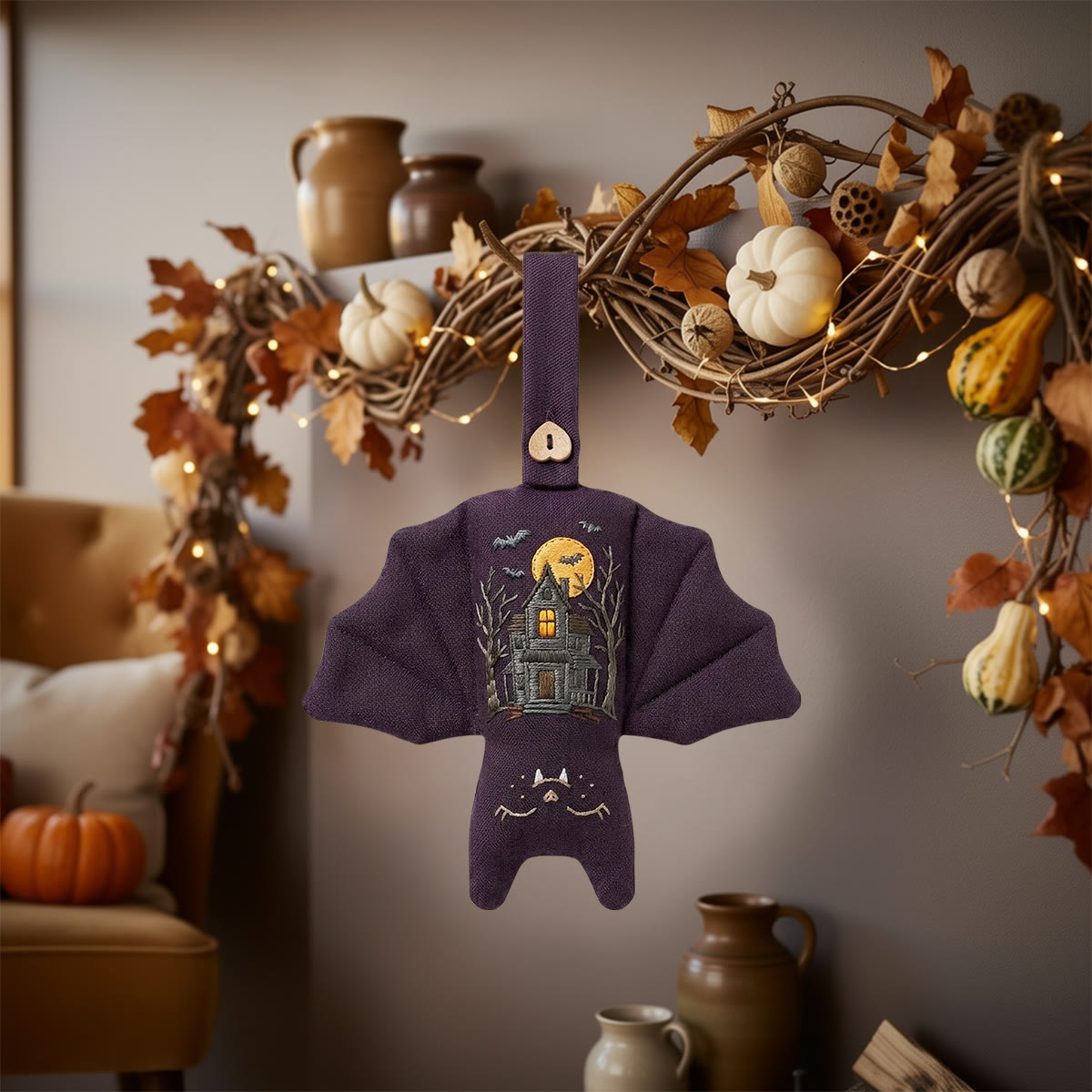 Rubbyoo Fledermaus-Stickset – Spukschloss | Dark Academia Fledermausporträt mit botanischen Akzenten | Halloween-Wanddekoration - image 2