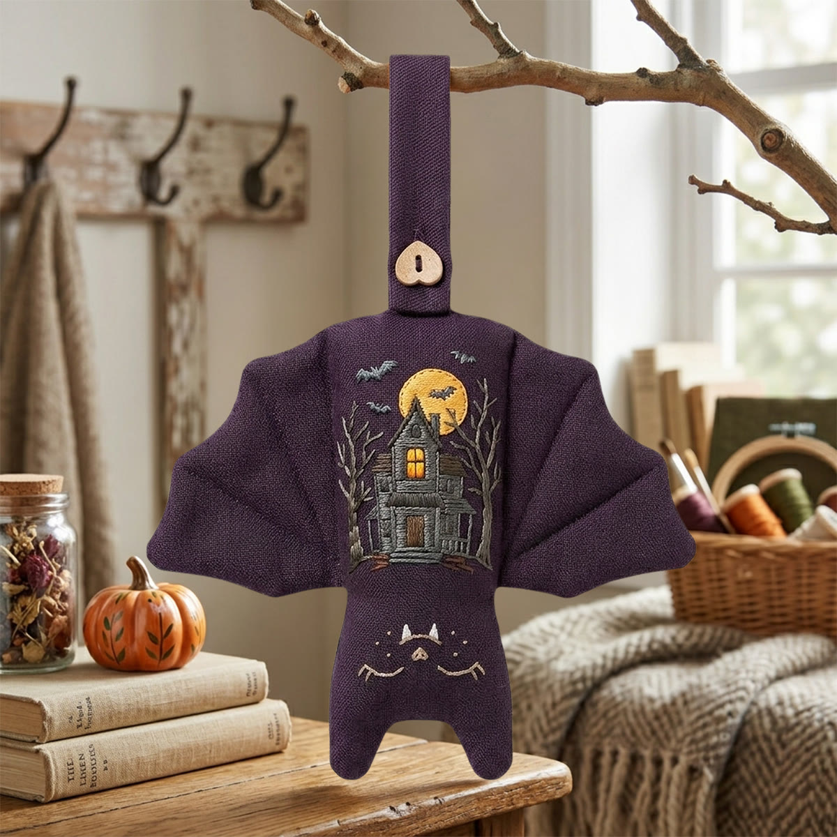 Rubbyoo Fledermaus-Stickset – Spukschloss | Dark Academia Fledermausporträt mit botanischen Akzenten | Halloween-Wanddekoration - 6-Zoll-Reifen-Set - image 1