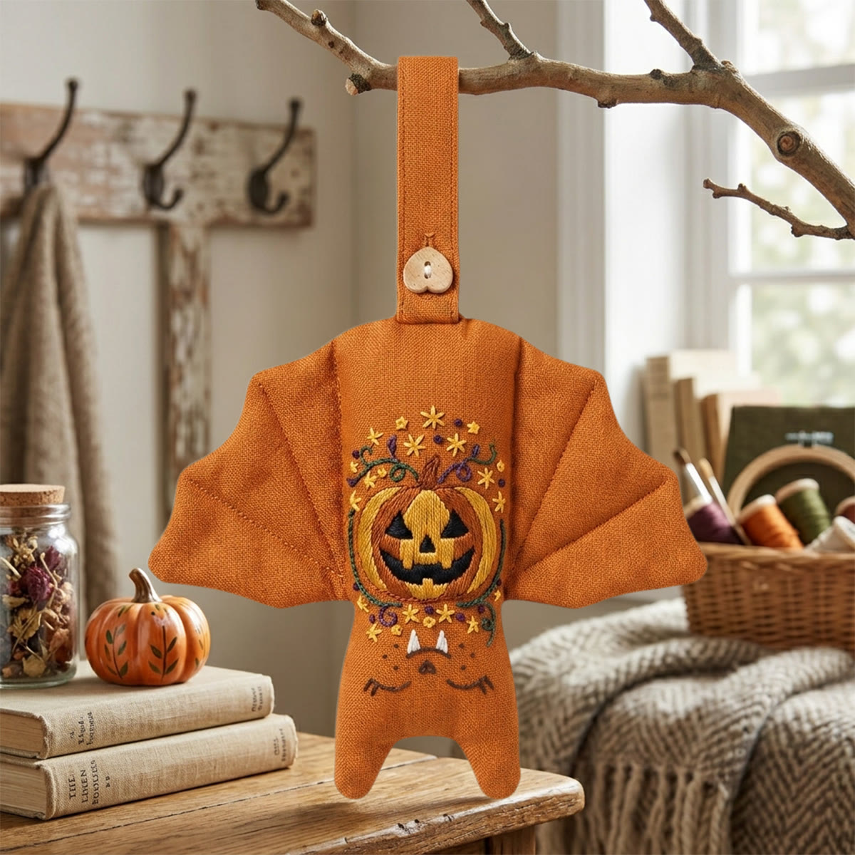 Rubbyoo Fledermaus-Stickset – Gruseliger Kürbis | Halloween-Kürbis-Bastelidee für Anfänger | Gruselig-süße Wanddeko - 6-Zoll-Reifen-Set - image 1