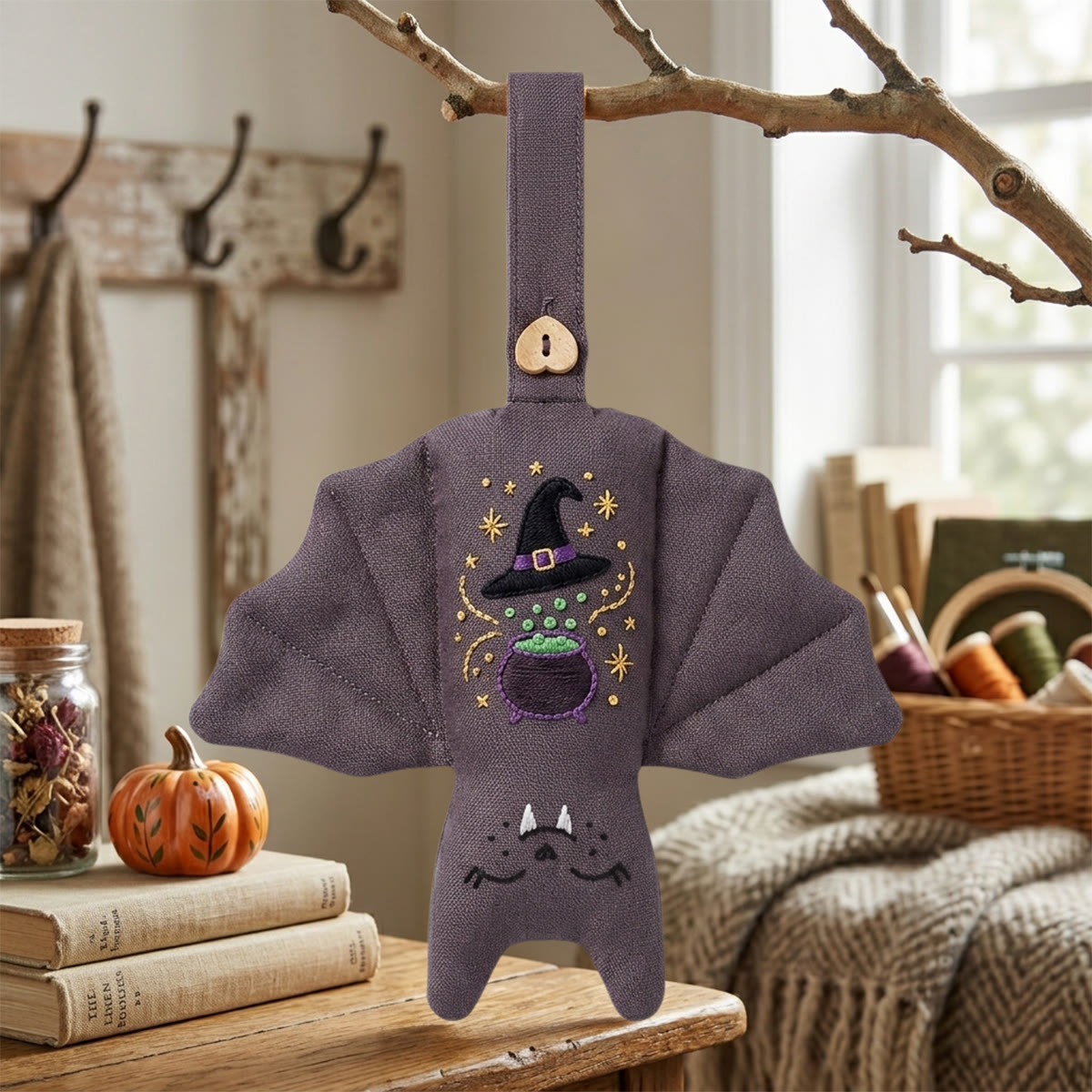 Rubbyoo Fledermaus-Stickset – Hexenkessel | Hexenhafte Halloween-Bastelidee für Anfänger | Festliche Kinderzimmerdeko - 6-Zoll-Reifen-Set - image 1
