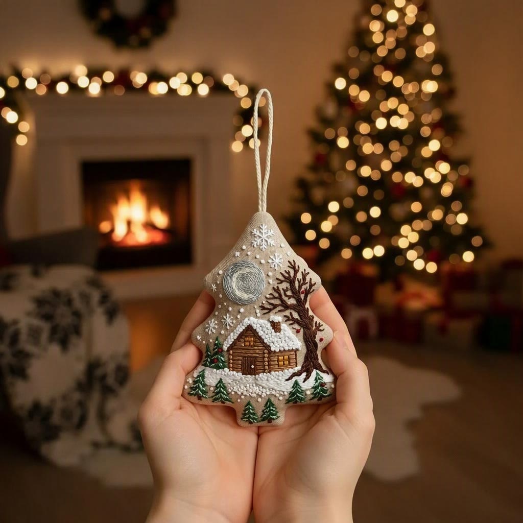 Rubbyoo Stickset in Baumform – Mondbeschienene, verschneite Hütte | Weihnachtliches Bastelgeschenk | Winterlandschaft mit Kiefern (Stickrahmen) - image 2