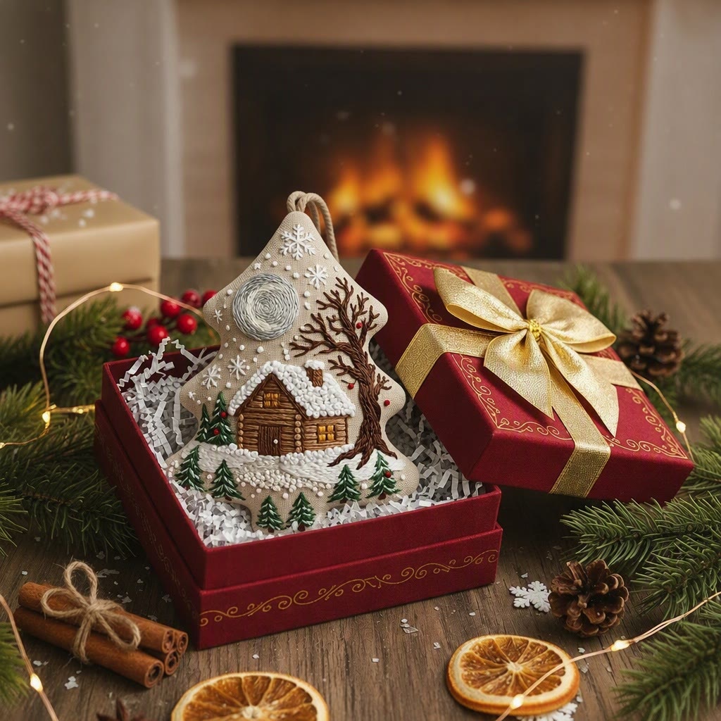 Rubbyoo Stickset in Baumform – Mondbeschienene, verschneite Hütte | Weihnachtliches Bastelgeschenk | Winterlandschaft mit Kiefern (Stickrahmen) - image 7