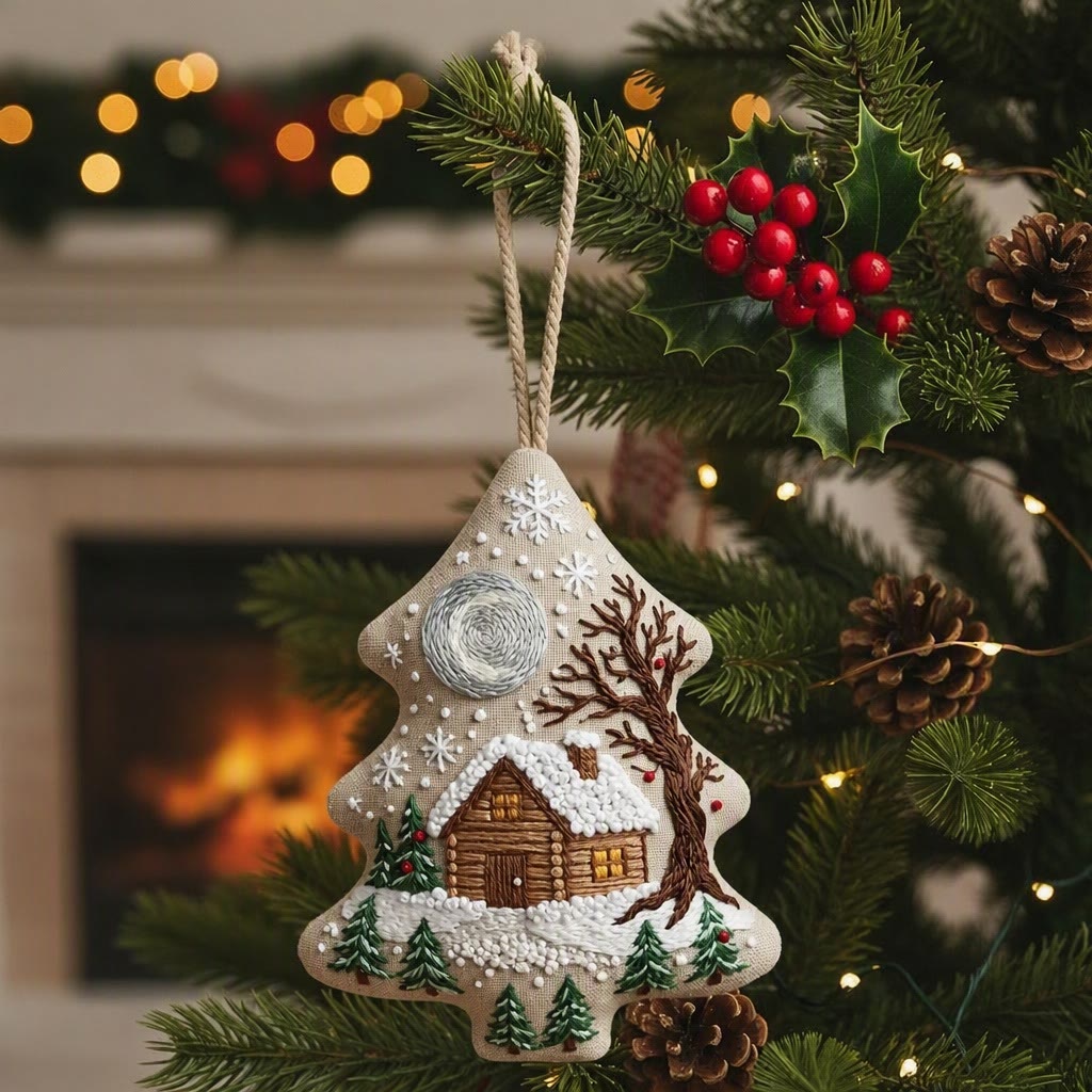 Rubbyoo Stickset in Baumform – Mondbeschienene, verschneite Hütte | Weihnachtliches Bastelgeschenk | Winterlandschaft mit Kiefern (Stickrahmen) - 6-Zoll-Reifen-Set - image 1