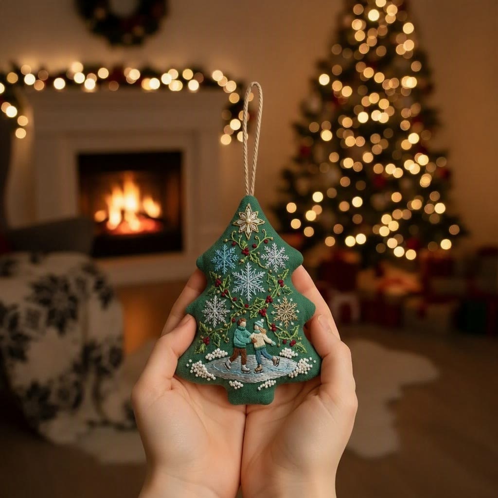 Rubbyoo Stickset in Baumform – Romantischer See | Weihnachts- und Jahrestags-Stickerei als Erinnerungsstück | Winterliches Schlittschuhpaar - image 2