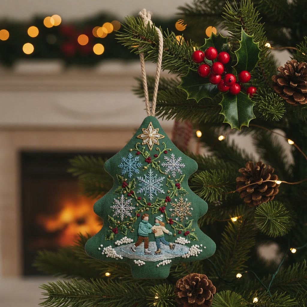 Rubbyoo Stickset in Baumform – Romantischer See | Weihnachts- und Jahrestags-Stickerei als Erinnerungsstück | Winterliches Schlittschuhpaar - 6-Zoll-Reifen-Set - image 1