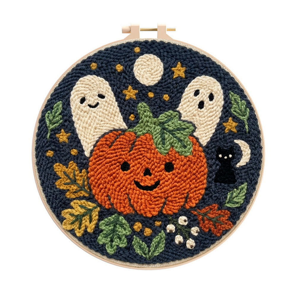 Kürbis-Geister-Punch-Needle-Set – Nähprojekt für Anfänger | Wunderschönes Halloween-Muster - 8-Zoll-Reifenset - image 1