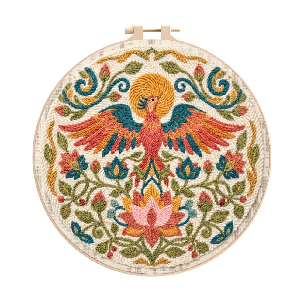 Golden Phoenix Punch Needle Set – Botanisches Motiv: Blühende Lotusblume | Wanddekoration im Boho-Stil - 8-Zoll-Reifenset - image 1