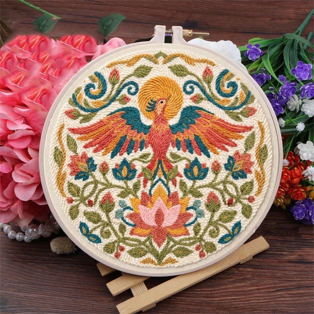Golden Phoenix Punch Needle Set – Botanisches Motiv: Blühende Lotusblume | Wanddekoration im Boho-Stil - image 3