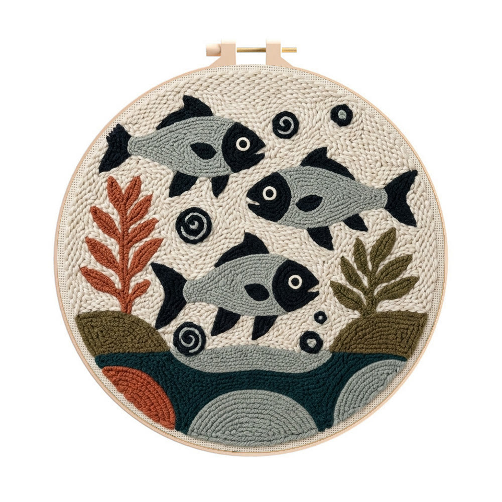 Punch-Needle-Set mit schwimmenden Fischen – Handgemachtes Geschenk für Fischliebhaber | Moderne Wohndekoration - 8-Zoll-Reifenset - image 1