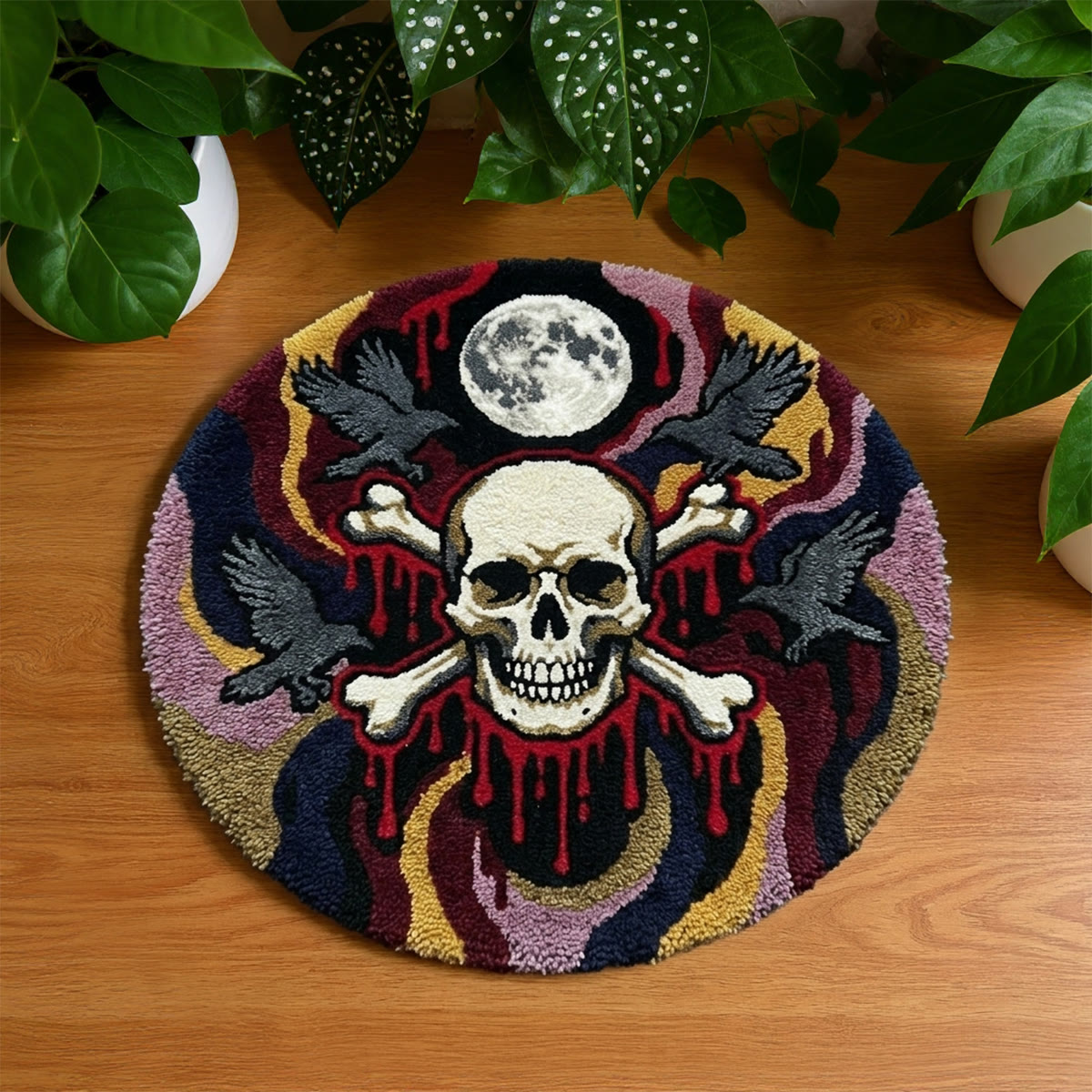 Rubbyoo Knüpfteppich-Set – Blutiger Gothic-Totenkopf | Runde Halloween-Party-Fußmatte | Dunkles Bohemian-Geschenk für Gothic-Fans - 48×48cm - image 1