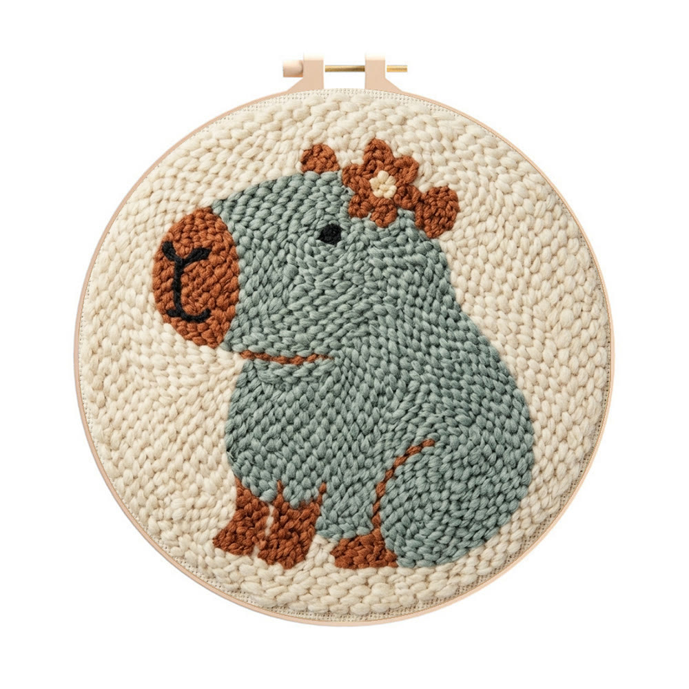 Niedliches Capybara-Punch-Needle-Set – Handgefertigte, wohnliche Dekoration | Neues Hobby für Einsteiger - 8-Zoll-Reifenset - image 1