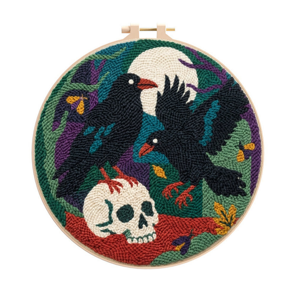 Midnight Raven Punch Needle Kit – Dunkle Ästhetik Stickrahmen | Gothic-Akzent für die Gruselsaison - 8-Zoll-Reifenset - image 1