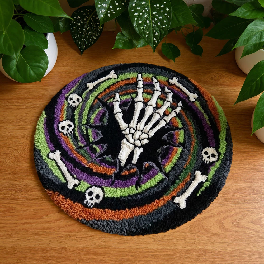 Rubbyoo Knüpfteppich-Set – Gruseliges Skelettloch | Runder Halloween-Teppich mit optischer Täuschung | Dunkle, gotische Fußmatte - 48×48cm - image 1