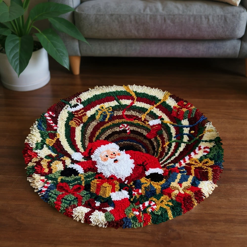 Rubbyoo Knüpfteppich-Set – Lustiger, verlegener Weihnachtsmann | Runder 3D-Weihnachtsteppich mit Wirbelillusion | Bezaubernde Party-Fußmatte - image 3