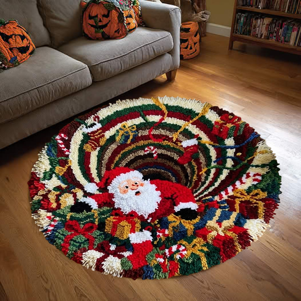 Rubbyoo Knüpfteppich-Set – Lustiger, verlegener Weihnachtsmann | Runder 3D-Weihnachtsteppich mit Wirbelillusion | Bezaubernde Party-Fußmatte - image 2
