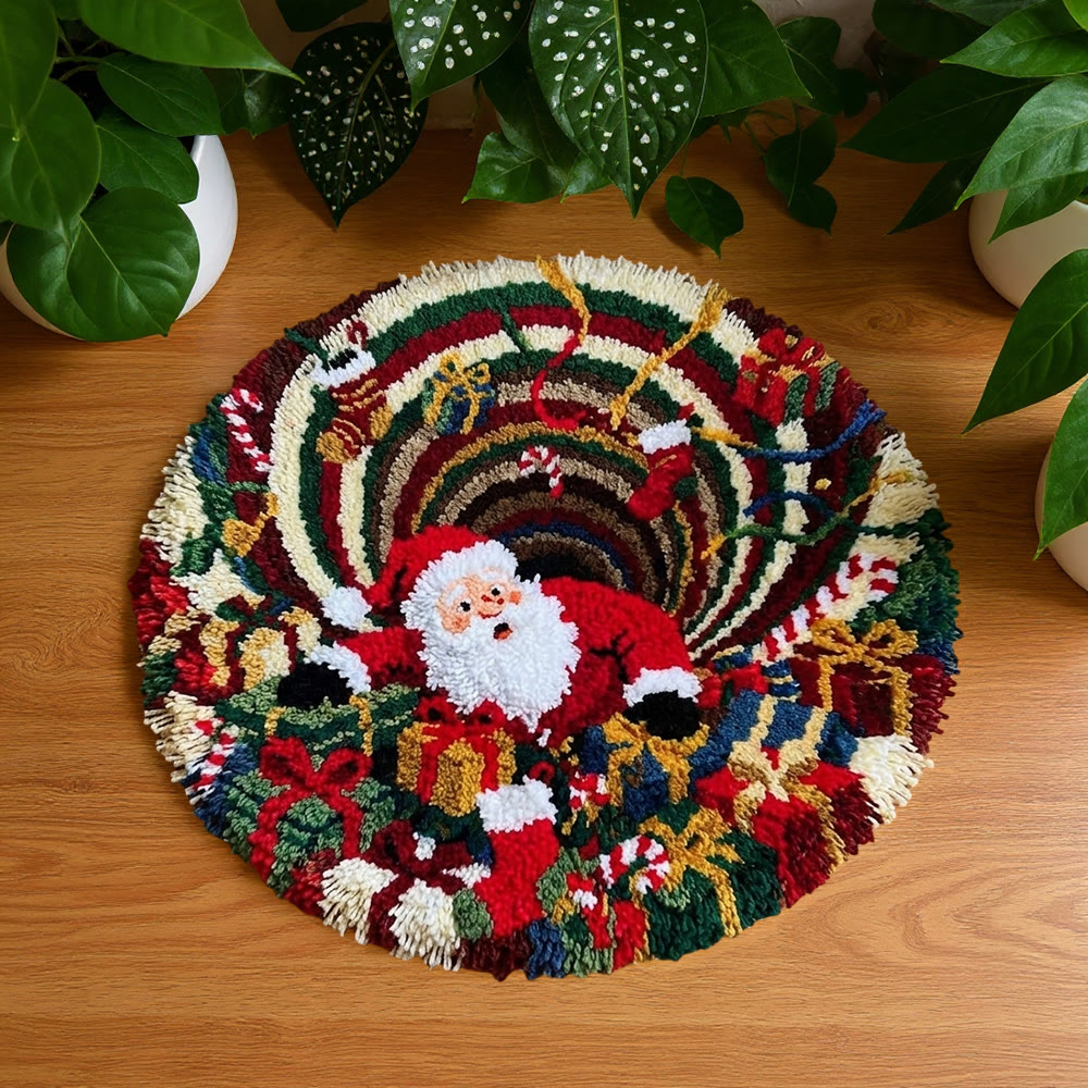 Rubbyoo Knüpfteppich-Set – Lustiger, verlegener Weihnachtsmann | Runder 3D-Weihnachtsteppich mit Wirbelillusion | Bezaubernde Party-Fußmatte - 48×48cm - image 1